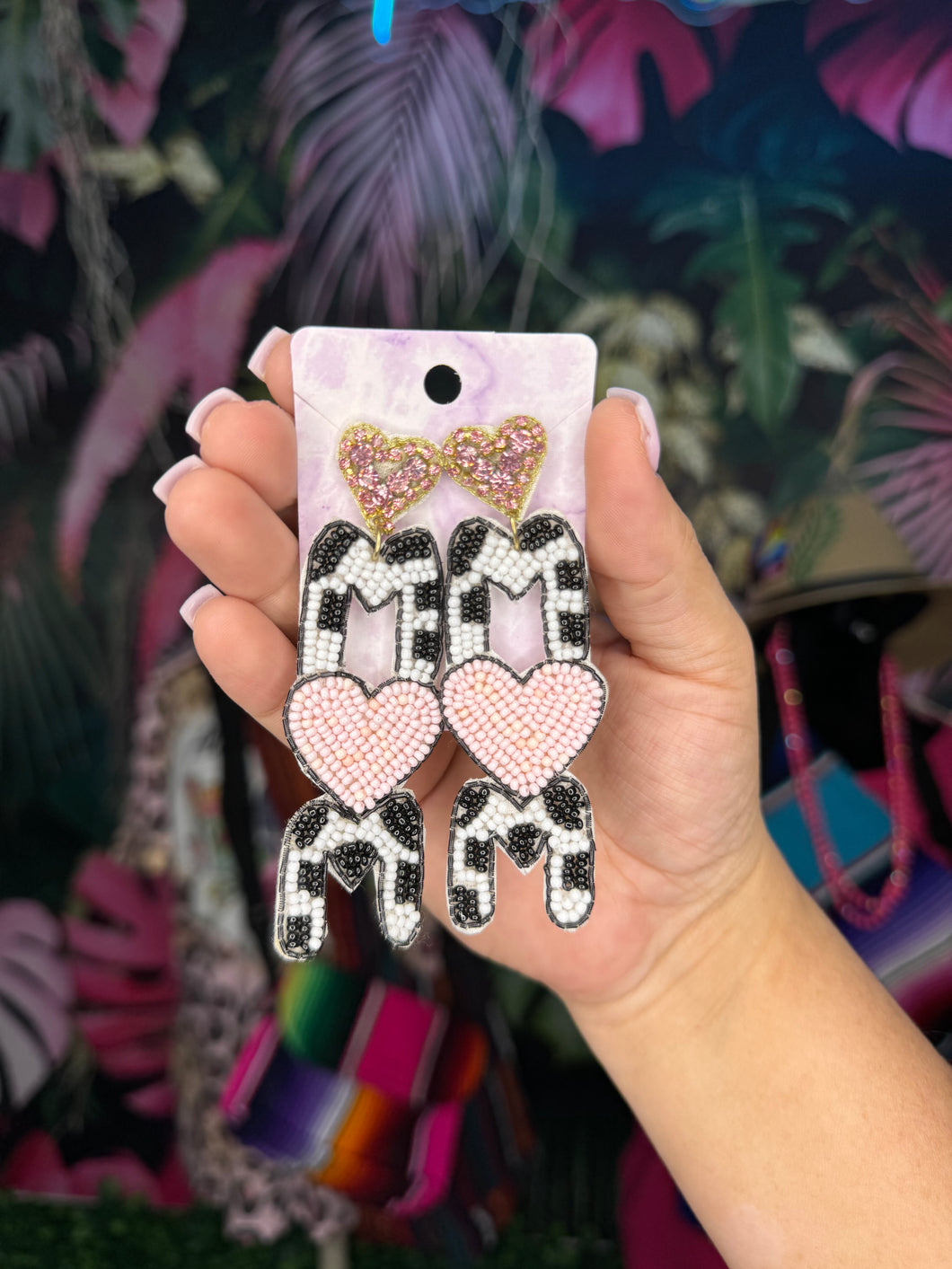 Mom cow print earrings pink